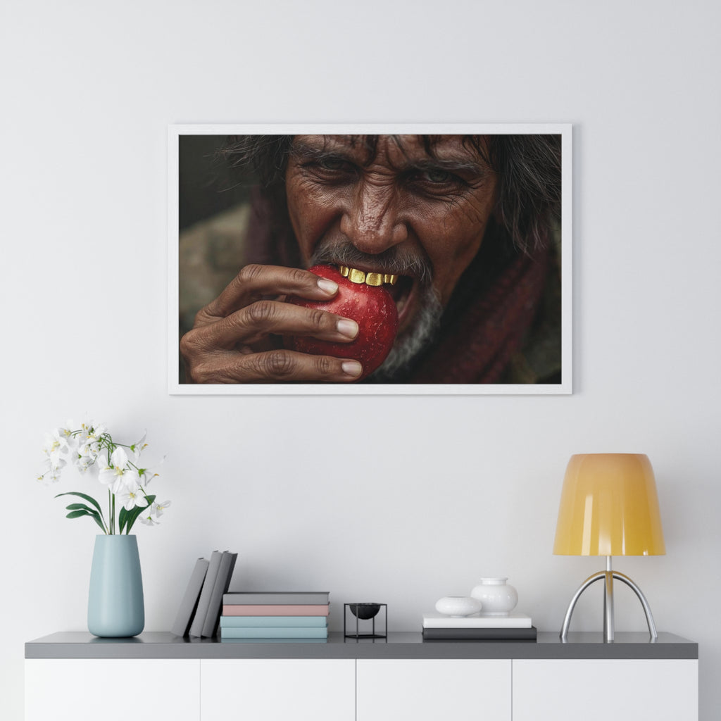 Framed Horizontal Poster – Rustic Portrait of Man Biting Red Apple, Dramatic Wall Art