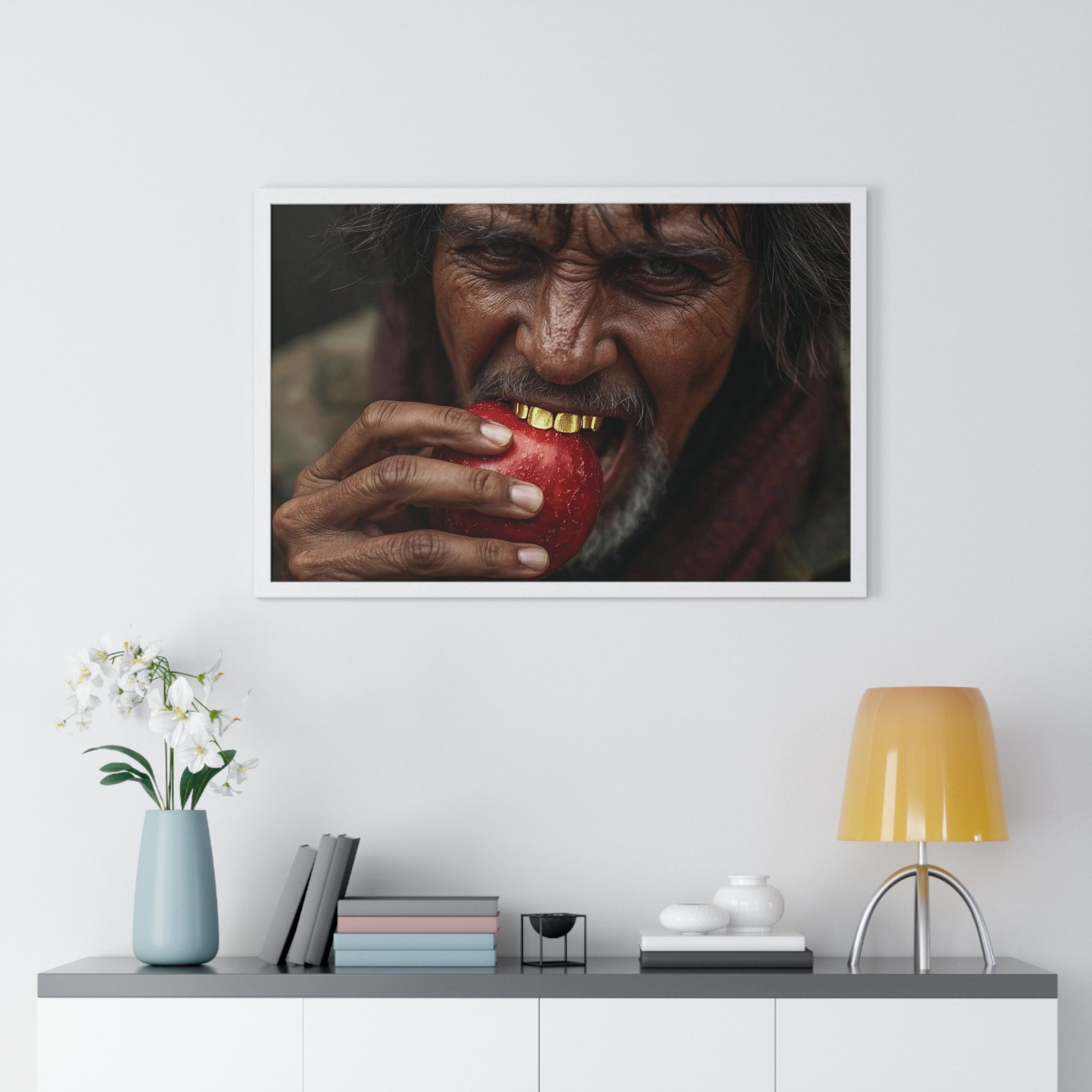 Framed Horizontal Poster – Rustic Portrait of Man Biting Red Apple, Dramatic Wall Art
