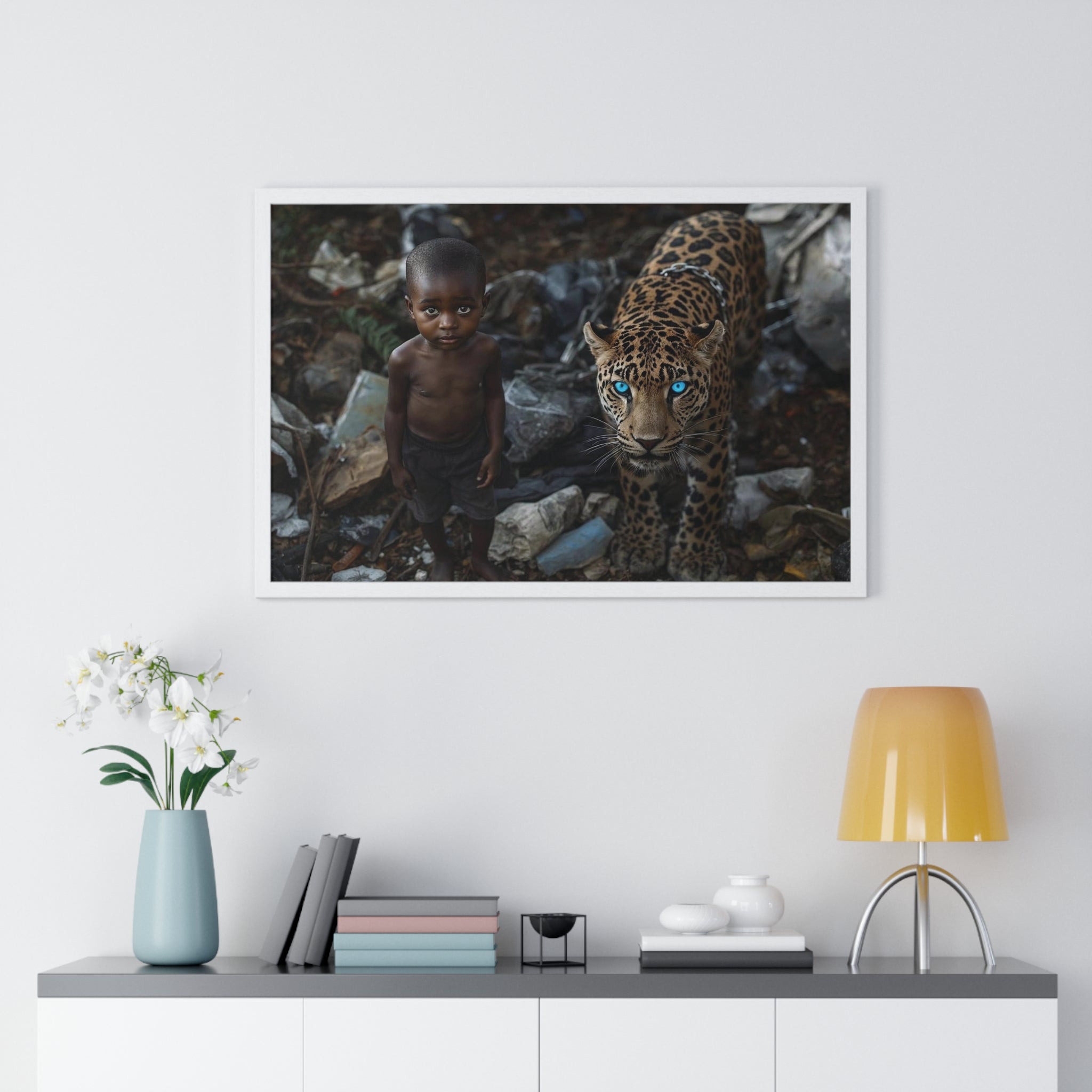 Boy and Blue-Eyed Jaguar Framed Poster — Horizontal Wall Art