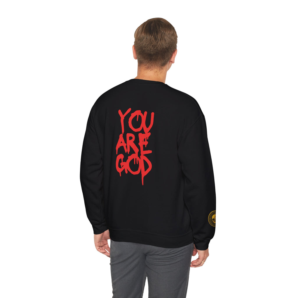 Gothic Framed Unisex Sweatshirt with 'YOU ARE GOD' Red Graffiti