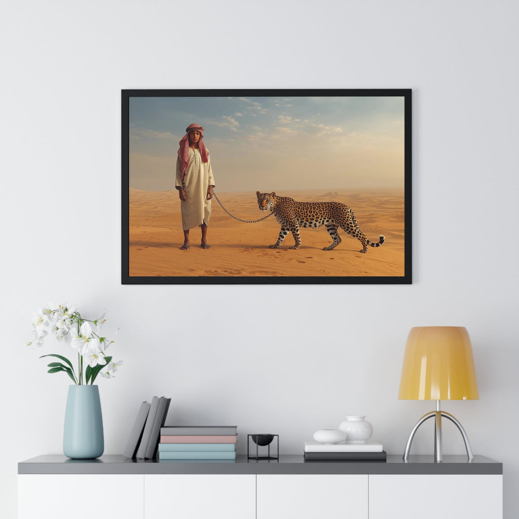 Desert Wanderer Framed Poster — Child with Cheetah Wall Art